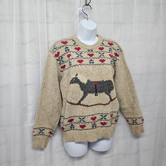 Vintage Eddie Bauer Tan Wool Rocking Horse Sweater Preppy Cabincore M - Picture 5 of 11